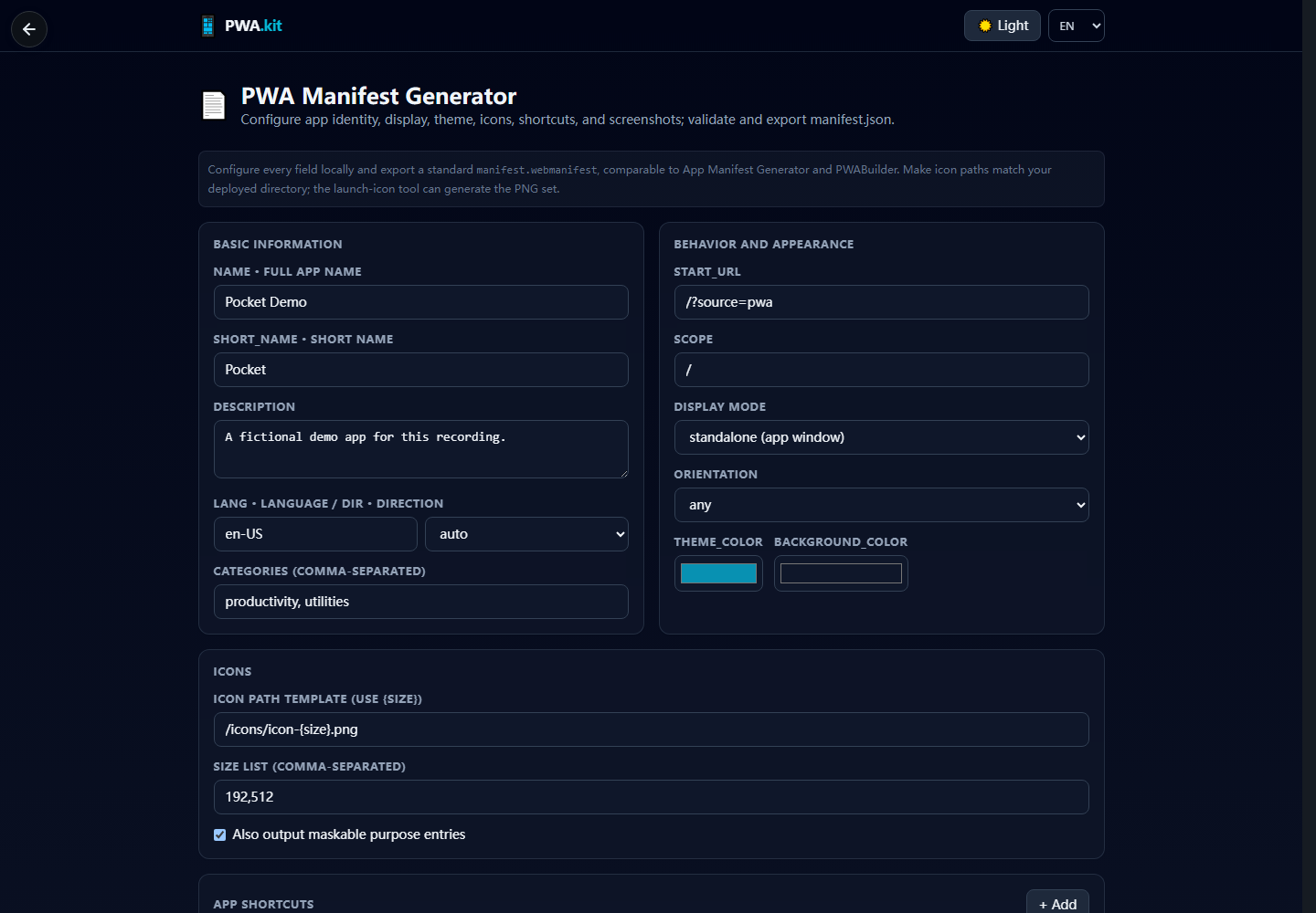 PWA Manifest Generator with the fictional app Pocket Demo entered in the form